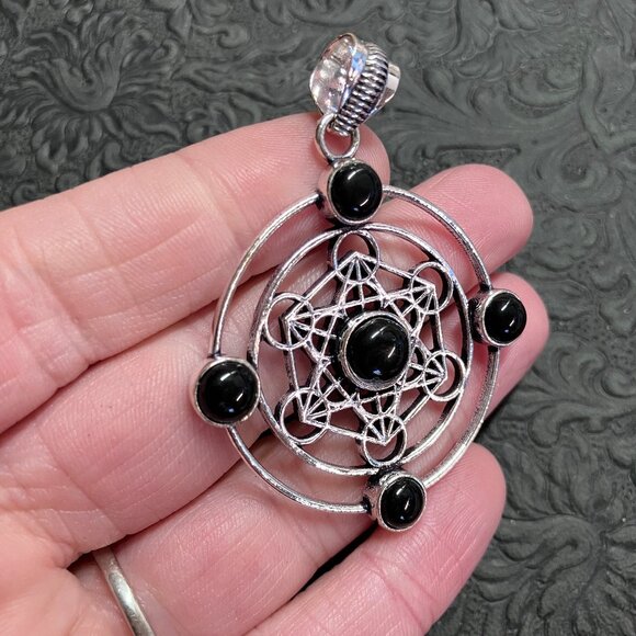 Black Obsidian Metratrons Cube Sacred Geometry Pendant Stone Crystal Jewelry - Picture 3 of 7